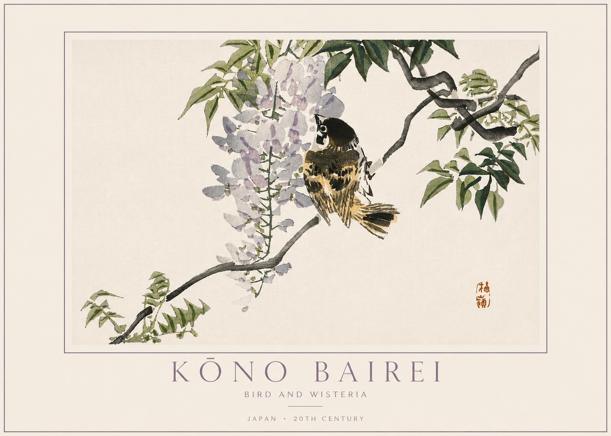 Kōno Bairei Wisteria and Bird No4 - Poszter