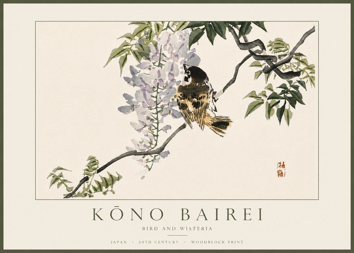 Kōno Bairei Wisteria and Bird No5 - Poszter