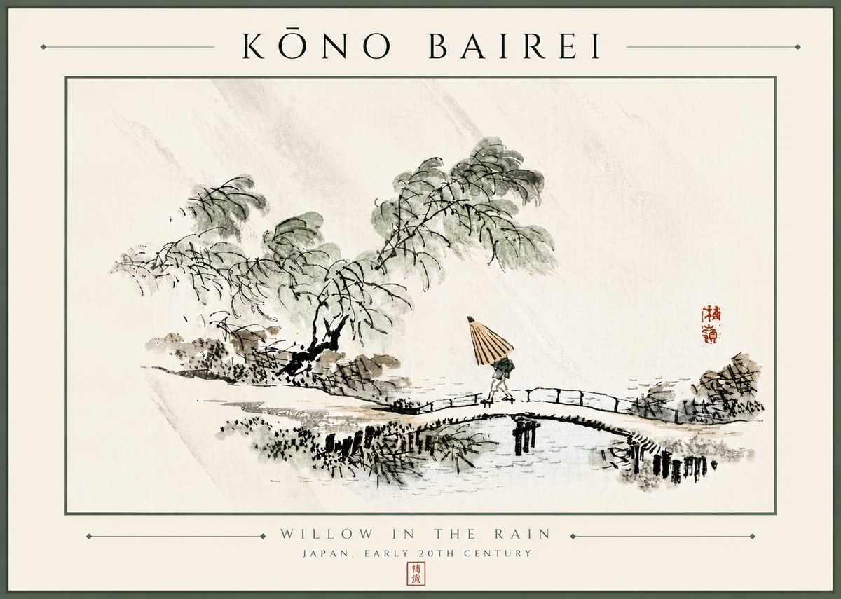 Kōno Bairei Willow in the Rain No6 - Poszter