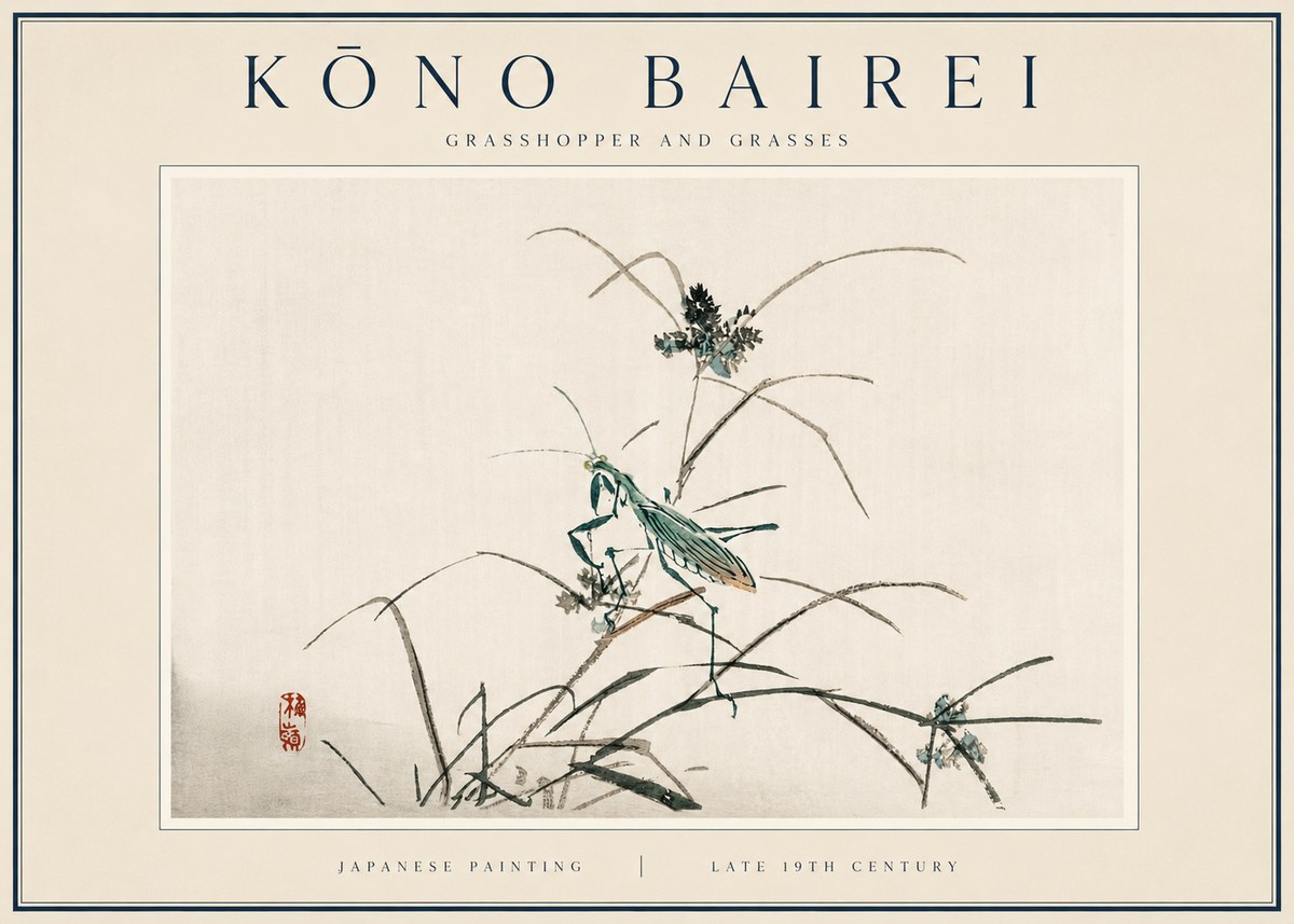 Kōno Bairei Grasshopper and Grasses No3 - Poszter