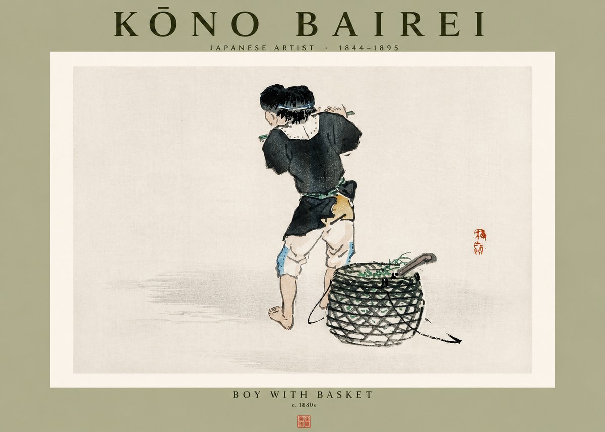 Kōno Bairei Boy with Basket No4 - Poszter