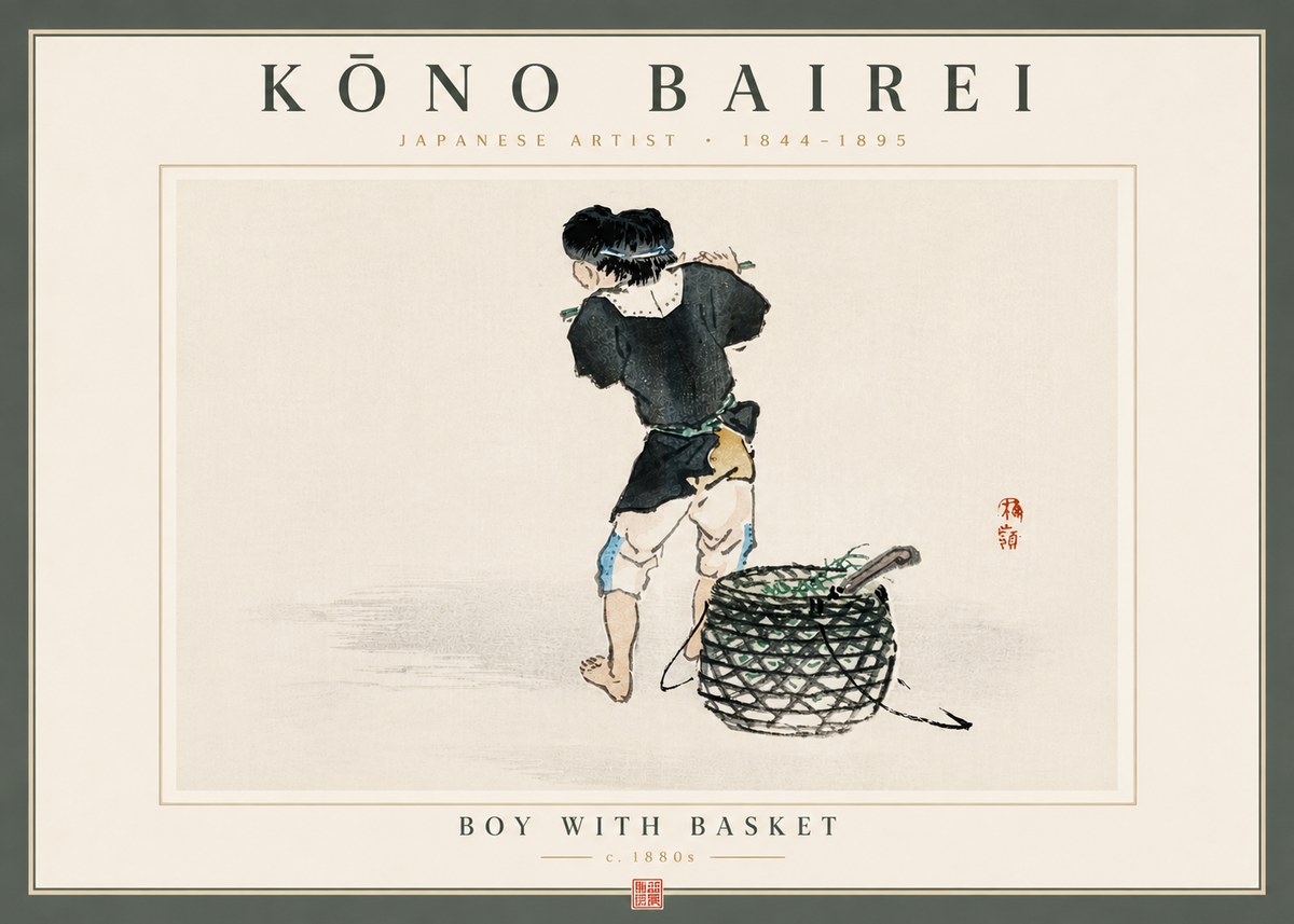 Kōno Bairei Boy with Basket No6 - Poszter