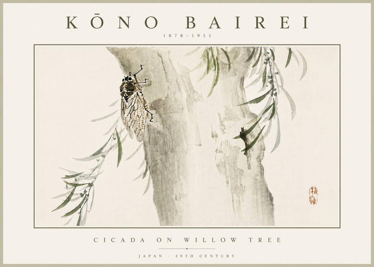 Kōno Bairei Cicada on Willow Tree No5 - Poszter