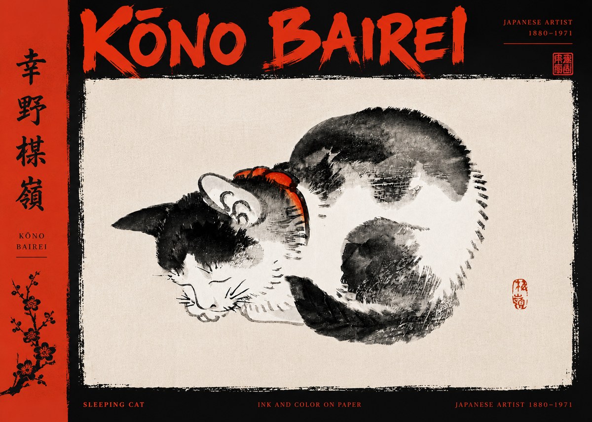 Kōno Bairei Sleeping Cat No5 - Poszter