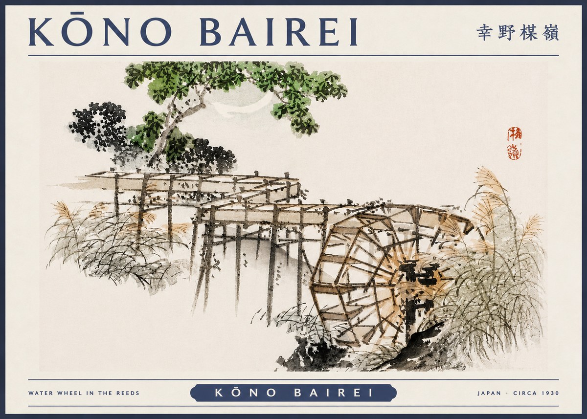Kōno Bairei Water Wheel in the Reeds No3 - Poszter