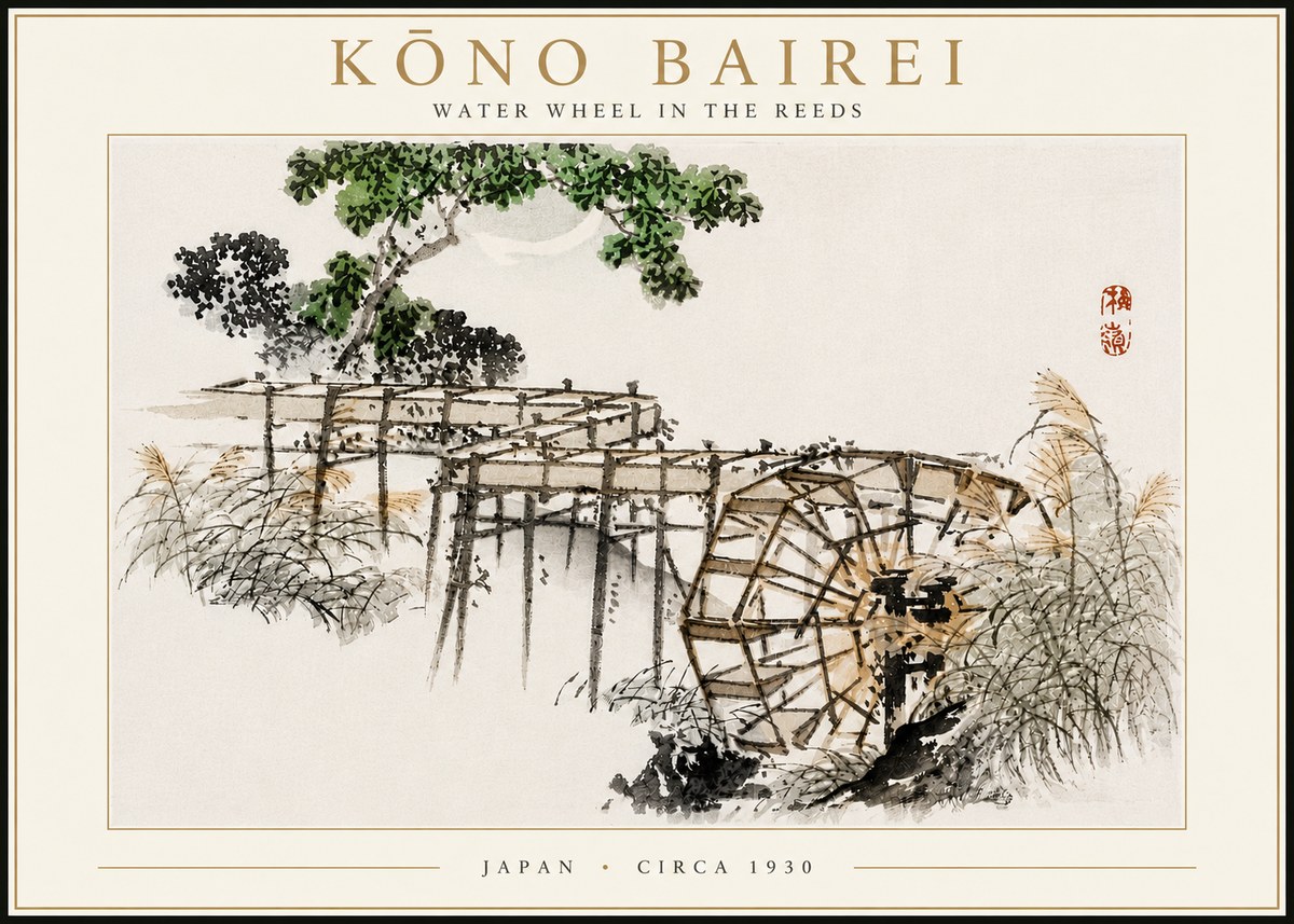 Kōno Bairei Water Wheel in the Reeds No4 - Poszter