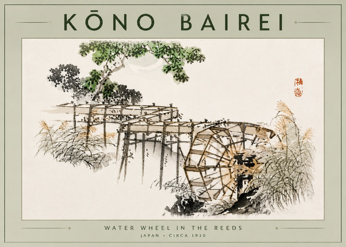 Kōno Bairei Water Wheel in the Reeds No6 - Poszter