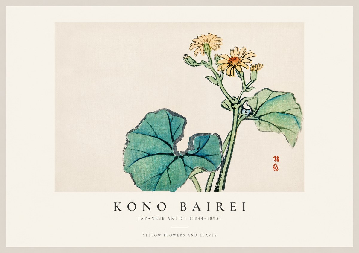 Kōno Bairei Yellow Flowers and Leaves No1 - Poszter