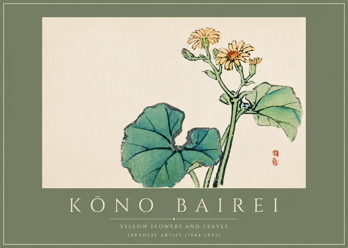 Kōno Bairei Yellow Flowers and Leaves No2 - Poszter