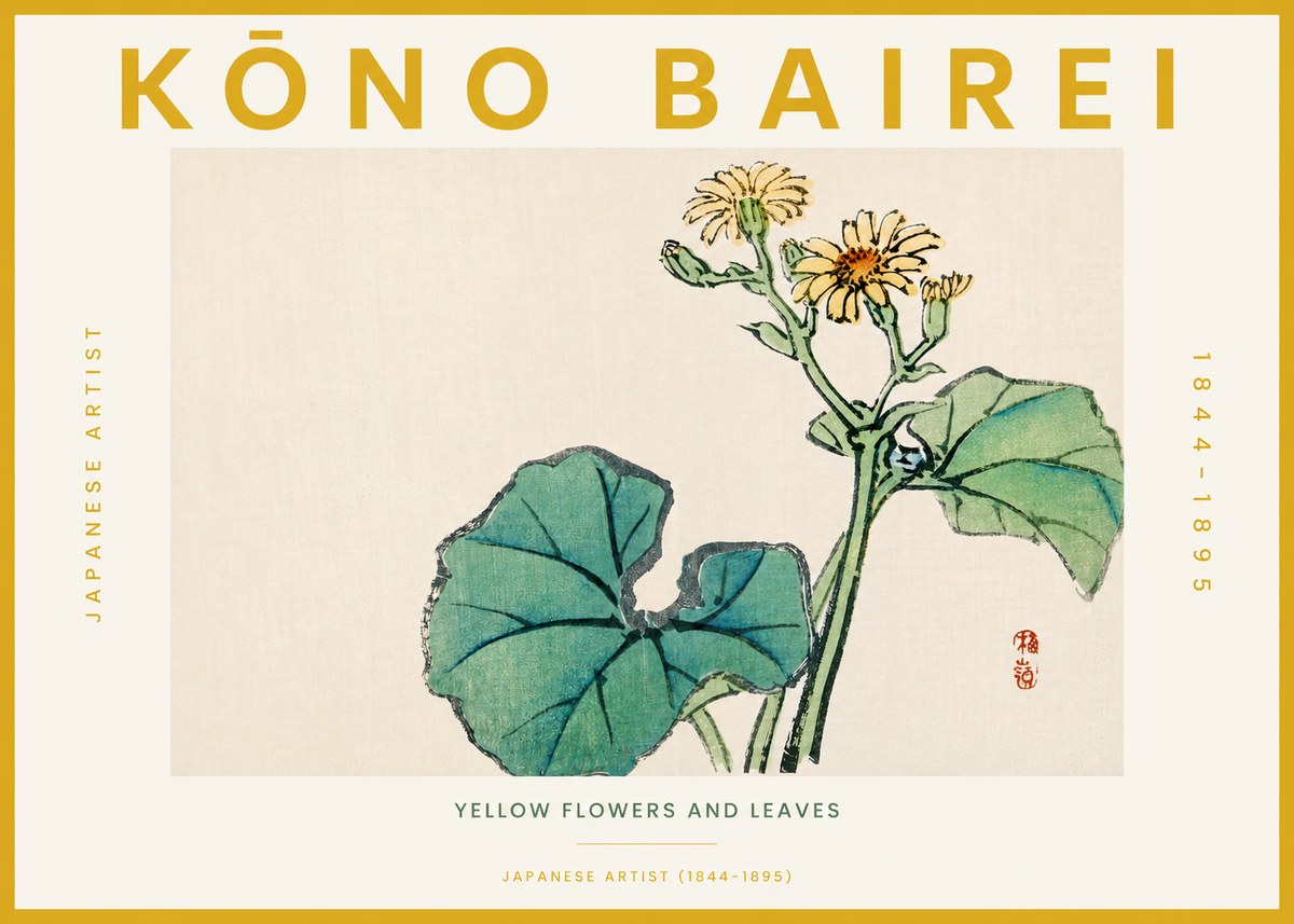 Kōno Bairei Yellow Flowers and Leaves No3 - Poszter