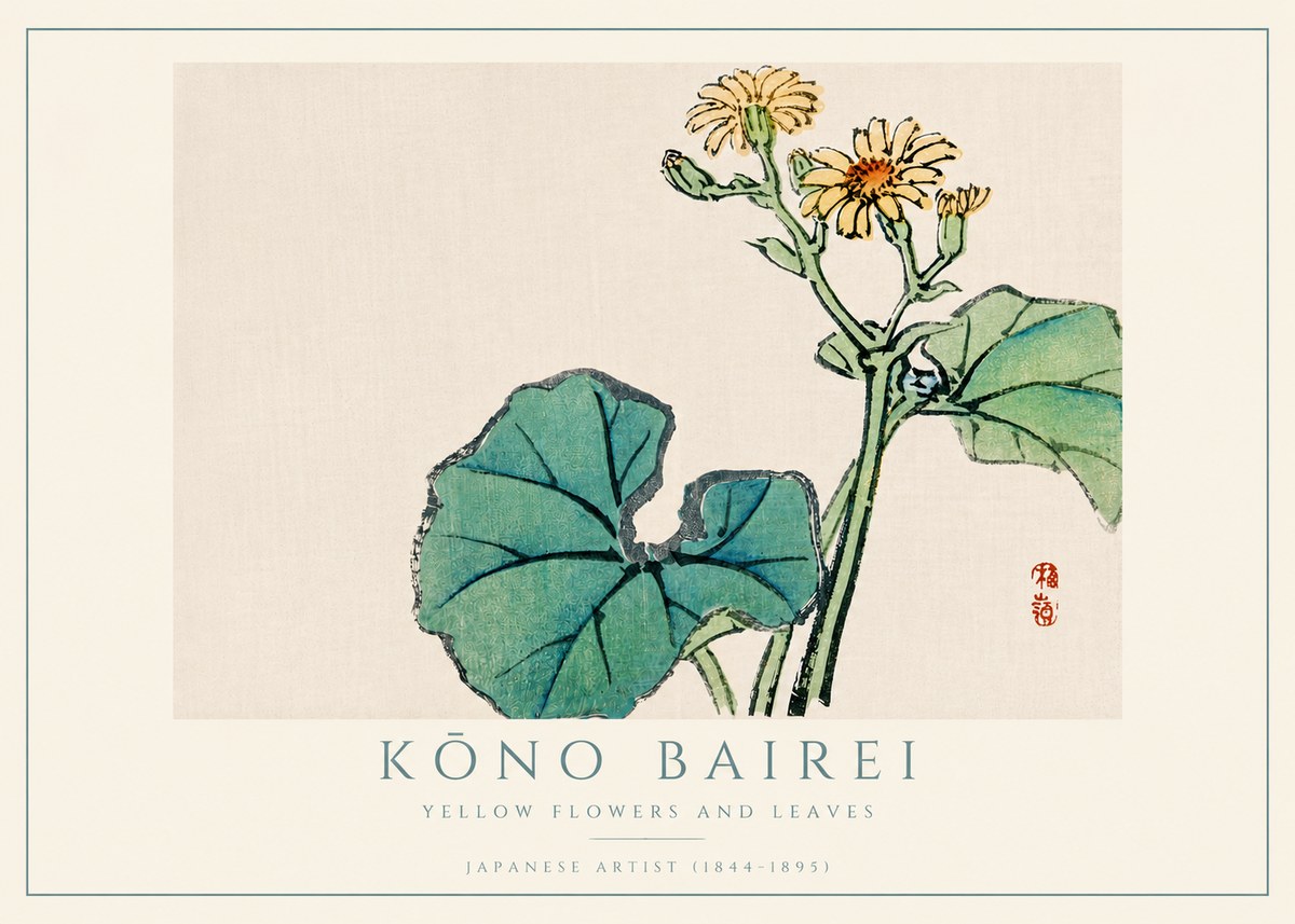 Kōno Bairei Yellow Flowers and Leaves No4 - Poszter