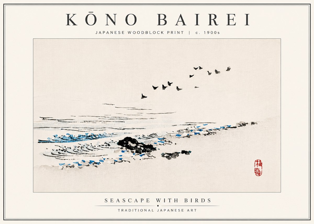 Kōno Bairei Seascape with Birds No4 - Poszter