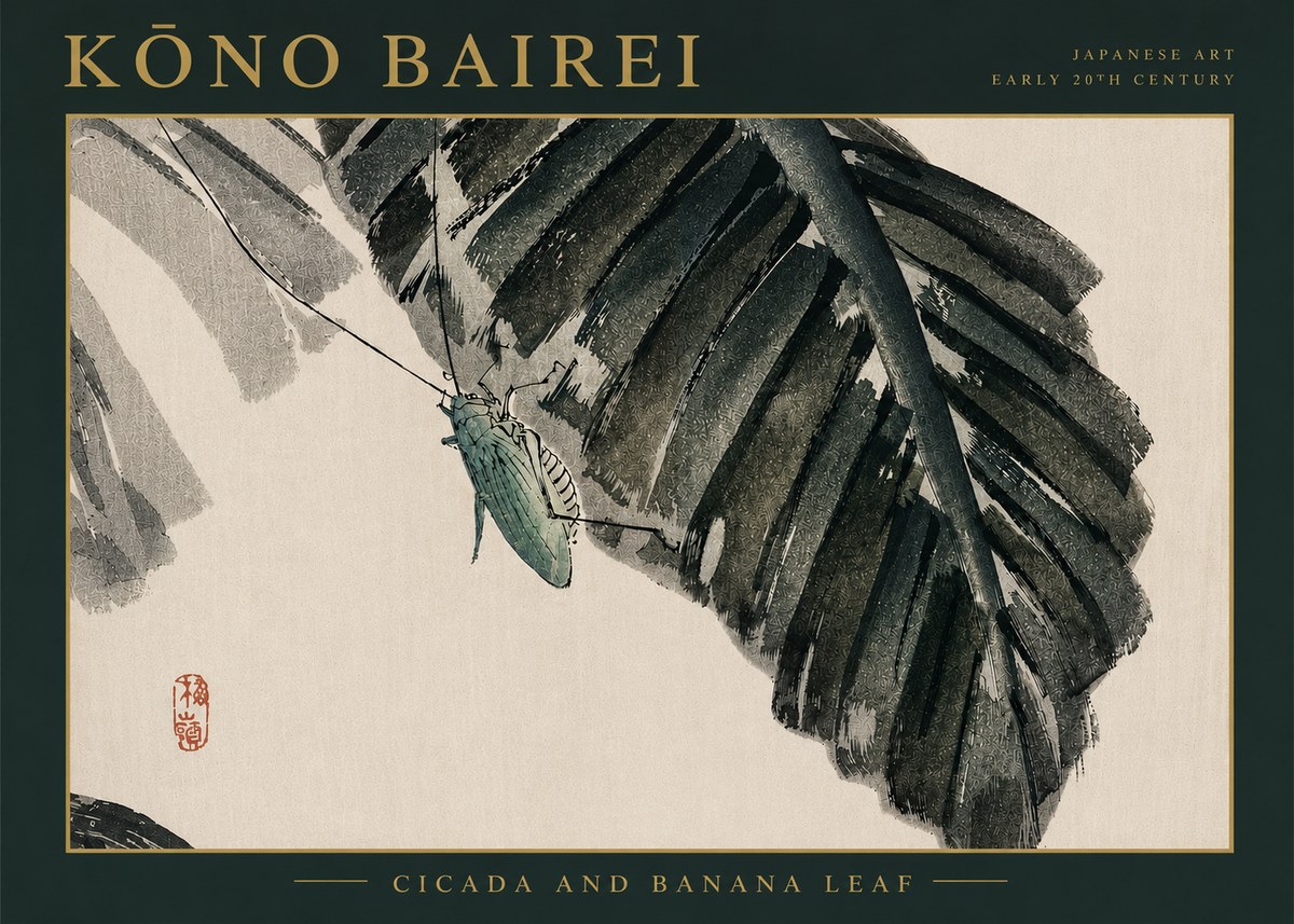 Kōno Bairei Cicada and Banana Leaf No4 - Poszter