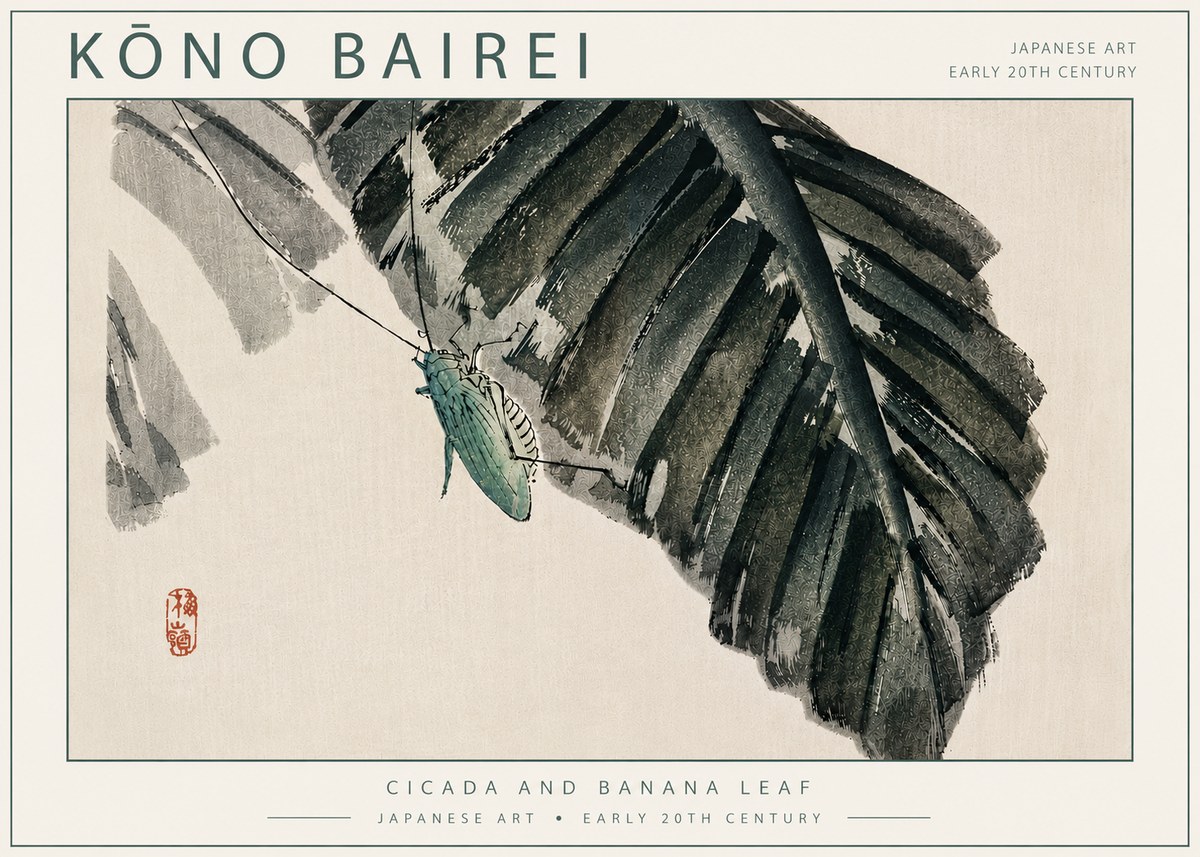 Kōno Bairei Cicada and Banana Leaf No5 - Poszter