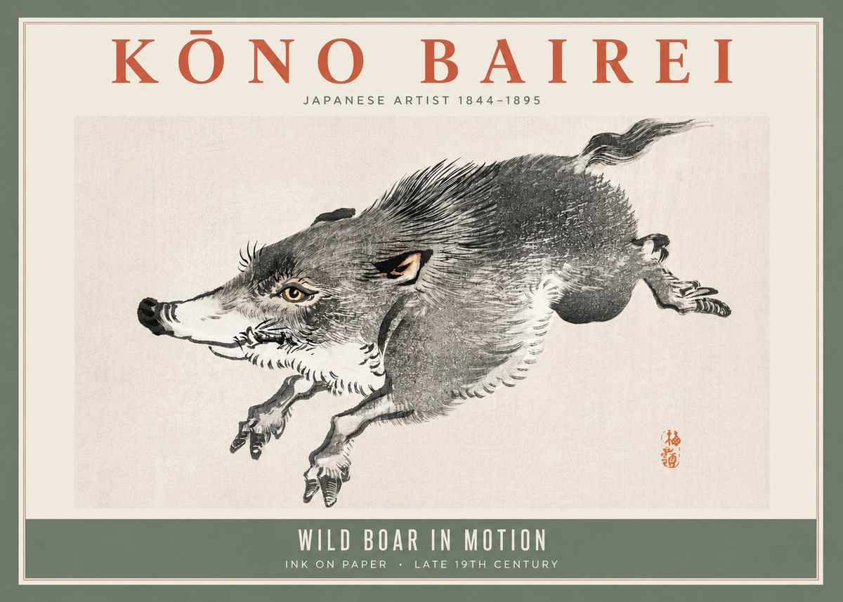 Kōno Bairei Wild Boar in Motion No5 - Poszter