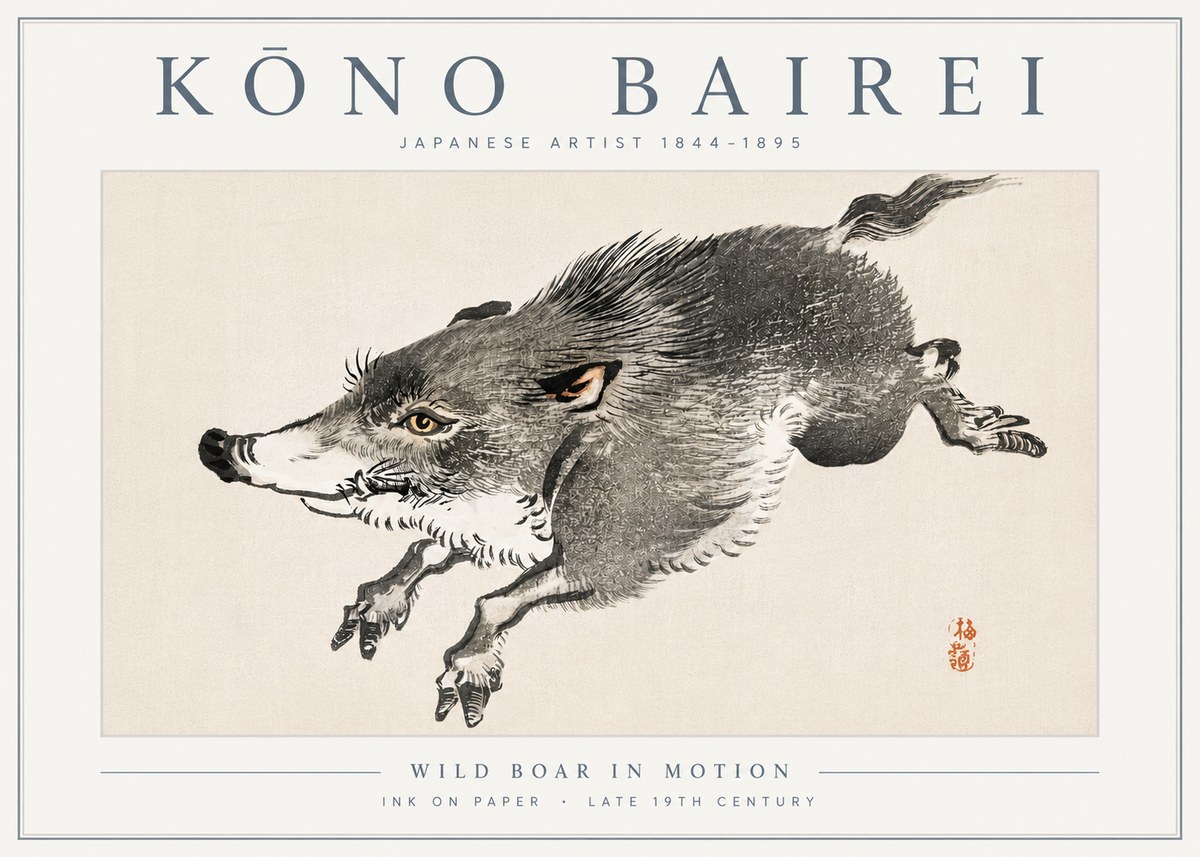 Kōno Bairei Wild Boar in Motion No6 - Poszter