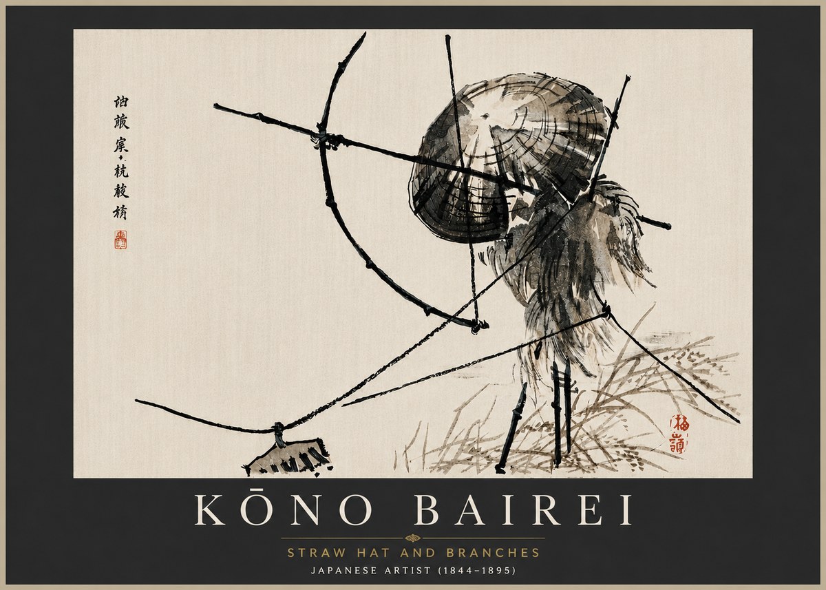 Kōno Bairei Straw Hat and Branches No5 - Poszter