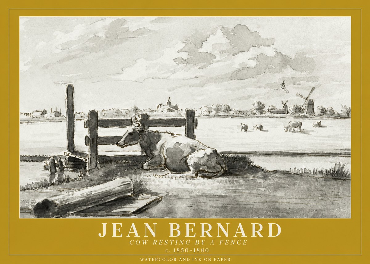 Jean Bernard Cow Resting by a Fence No1 - Poszter