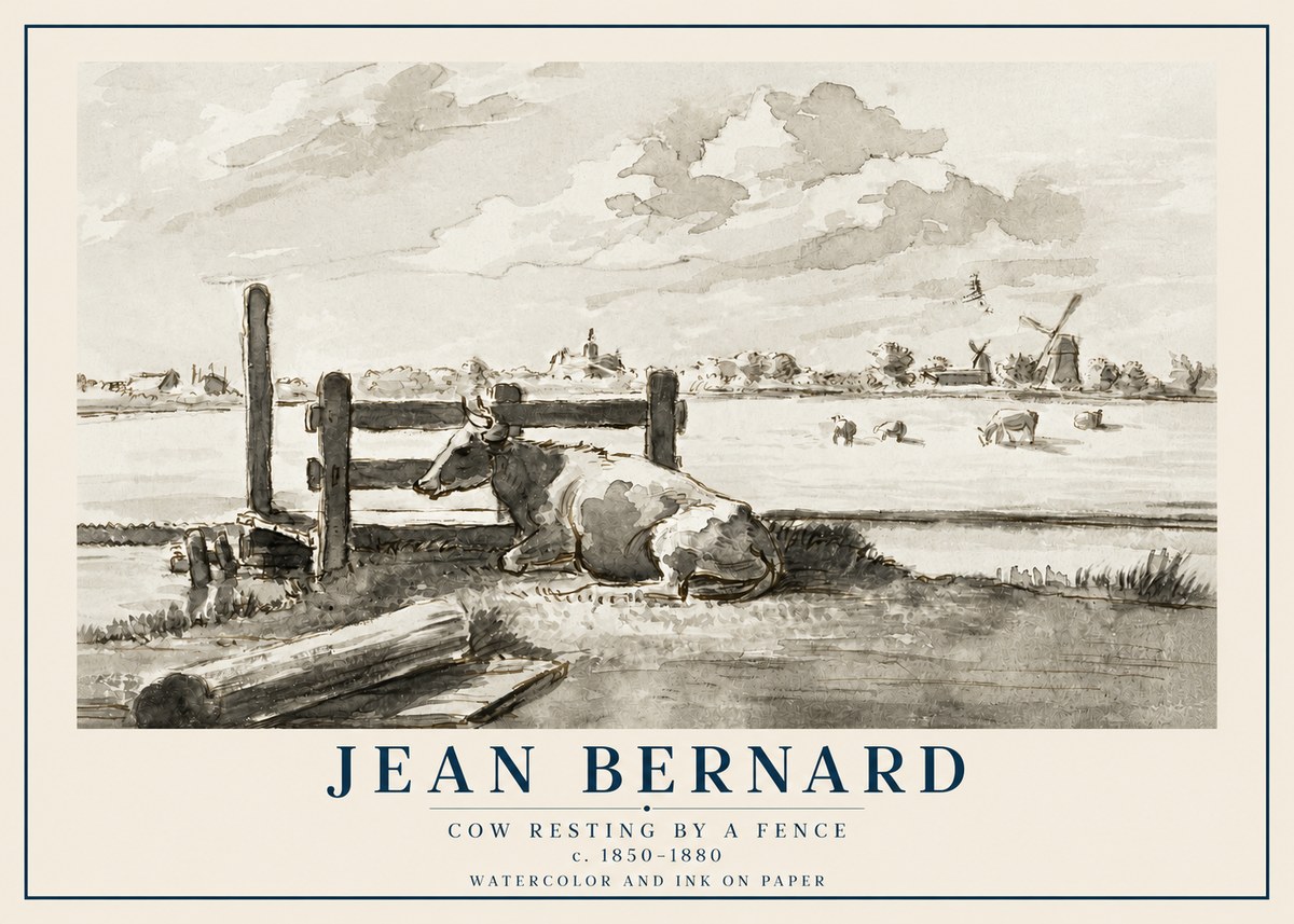 Jean Bernard Cow Resting by a Fence No2 - Poszter