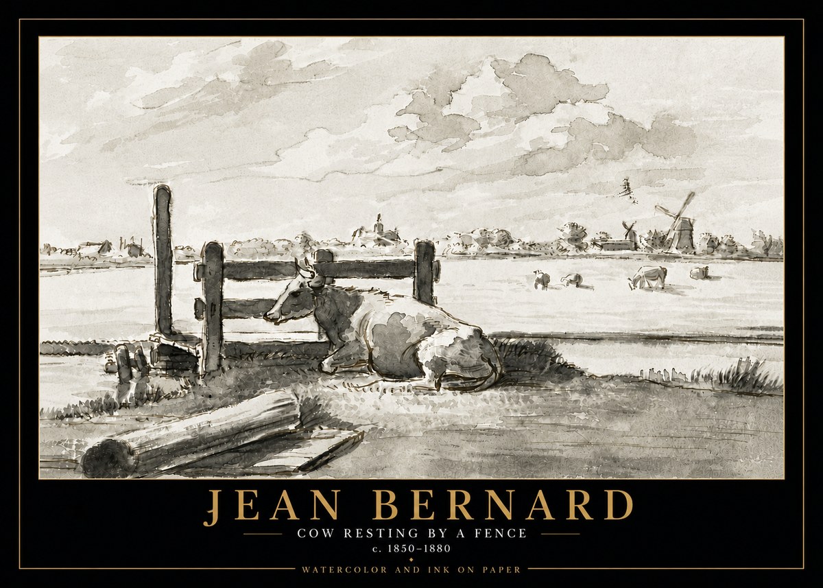 Jean Bernard Cow Resting by a Fence No5 - Poszter