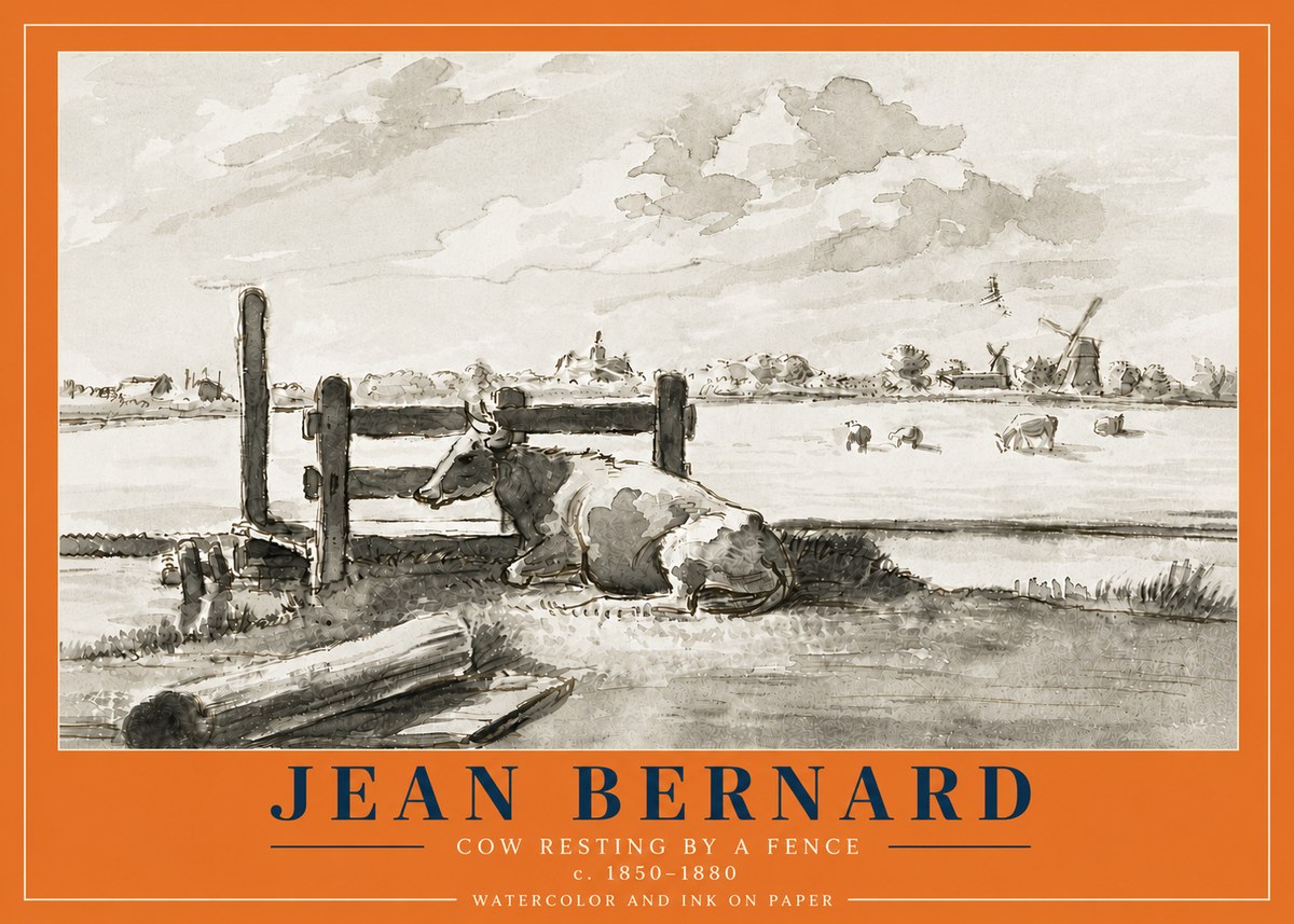 Jean Bernard Cow Resting by a Fence No6 - Poszter