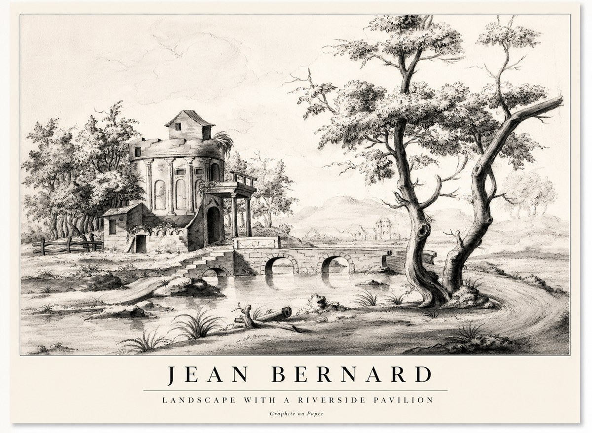 Jean Bernard Riverside Landscape with Bridge and Tower No2 - Poszter