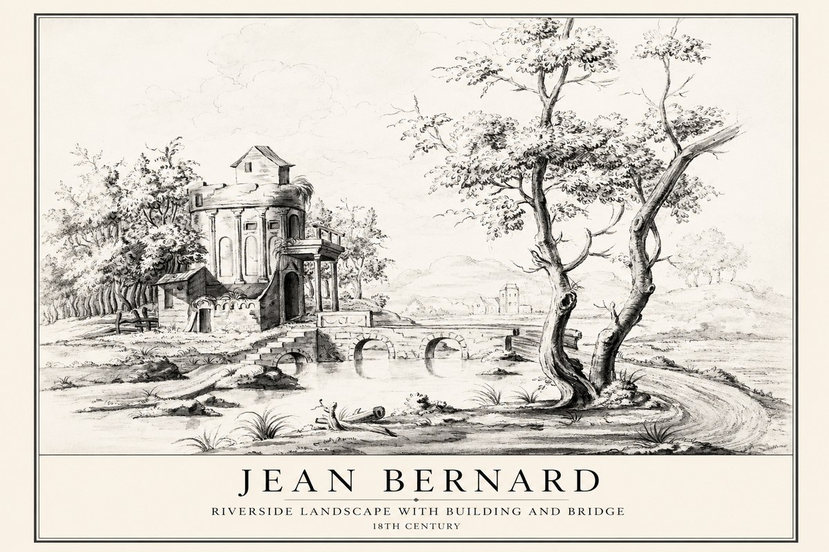 Jean Bernard Riverside Landscape with Bridge and Tower No4 - Poszter