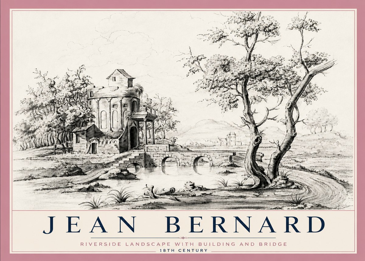Jean Bernard Riverside Landscape with Bridge and Tower No6 - Poszter