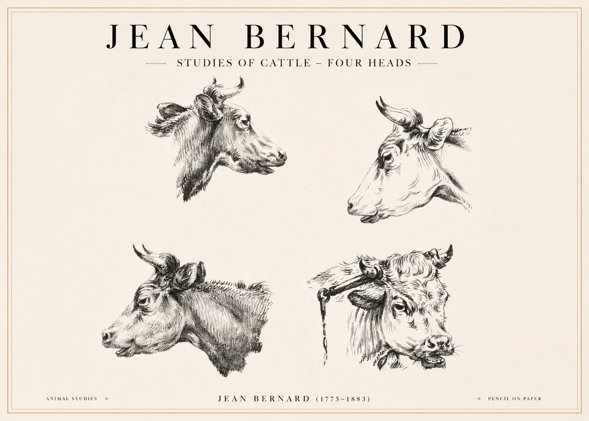Jean Bernard Studies of Cattle - Four Heads No1 - Poszter