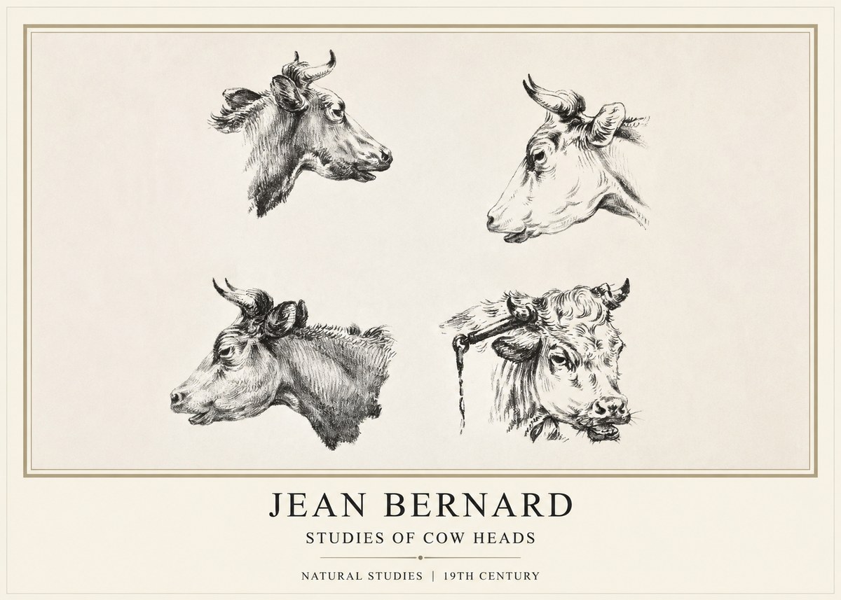 Jean Bernard Studies of Cattle - Four Heads No2 - Poszter