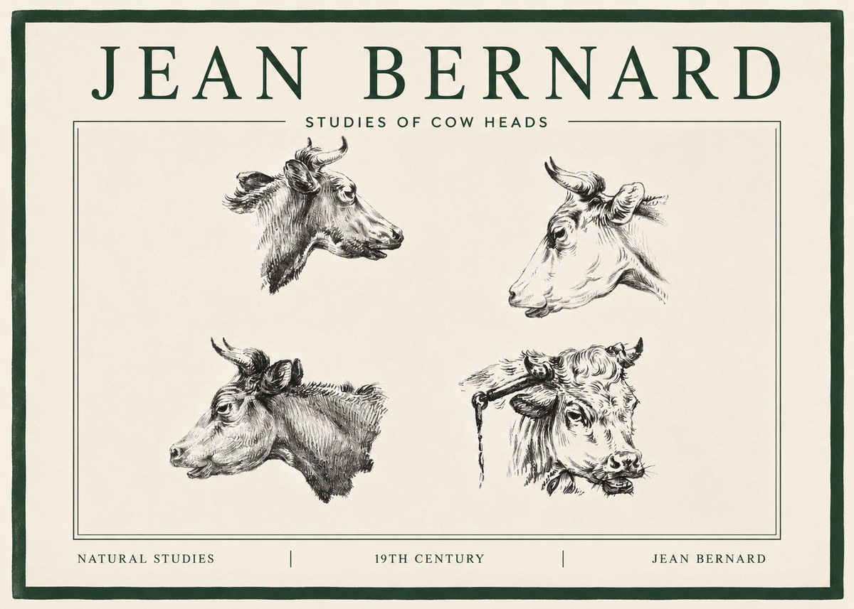 Jean Bernard Studies of Cattle - Four Heads No4 - Poszter
