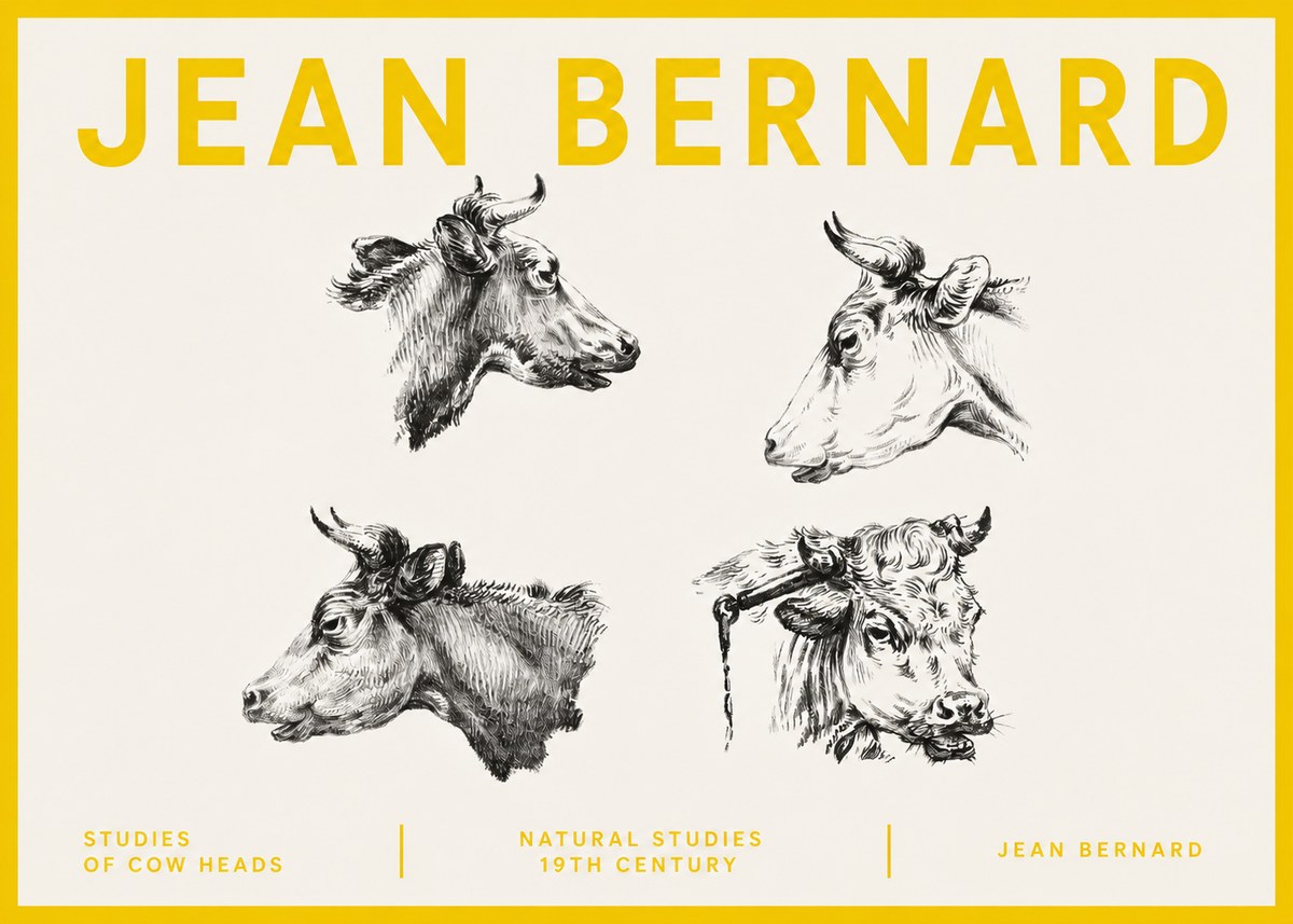 Jean Bernard Studies of Cattle - Four Heads No5 - Poszter