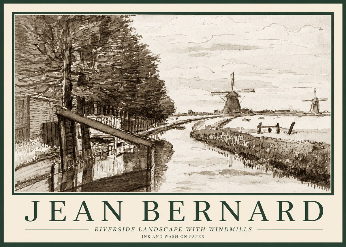 Jean Bernard Riverside Landscape with Windmills No1 - Poszter
