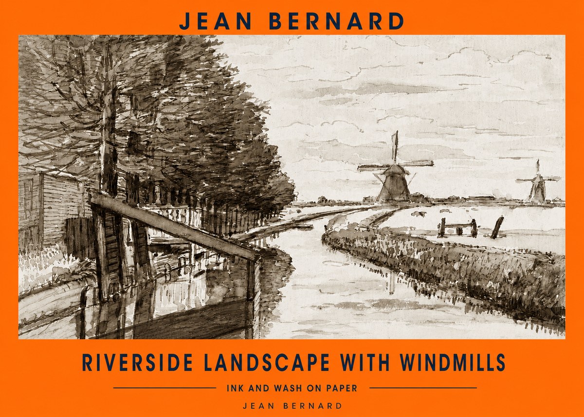 Jean Bernard Riverside Landscape with Windmills No2 - Poszter
