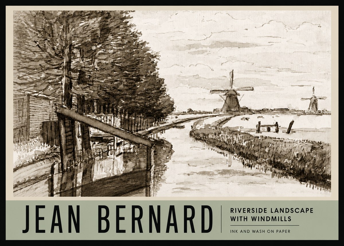 Jean Bernard Riverside Landscape with Windmills No3 - Poszter