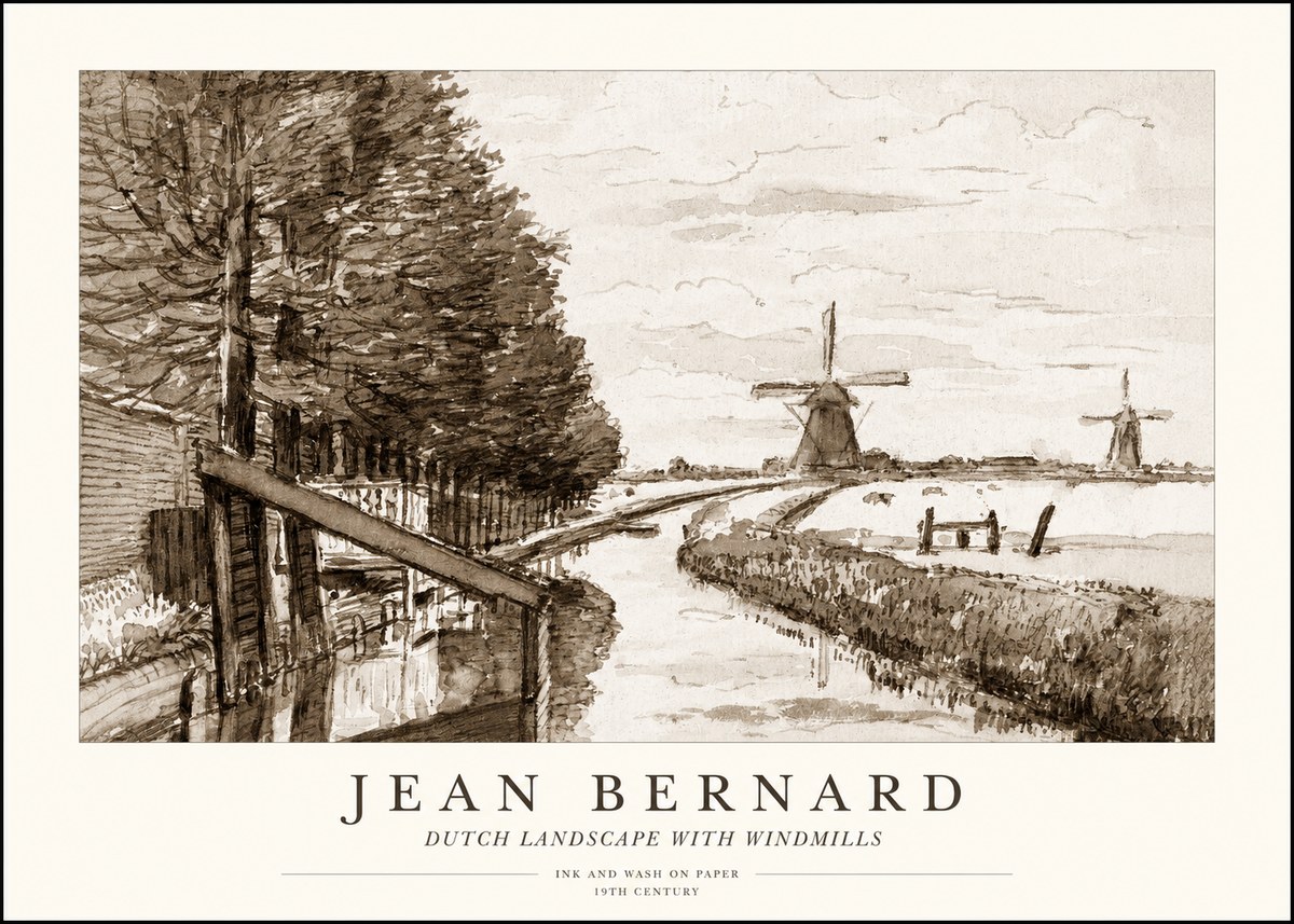 Jean Bernard Riverside Landscape with Windmills No4 - Poszter