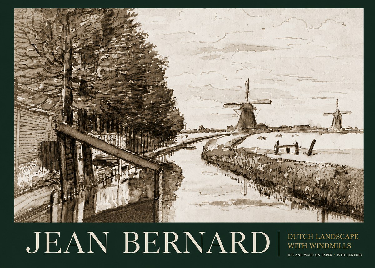 Jean Bernard Riverside Landscape with Windmills No6 - Poszter