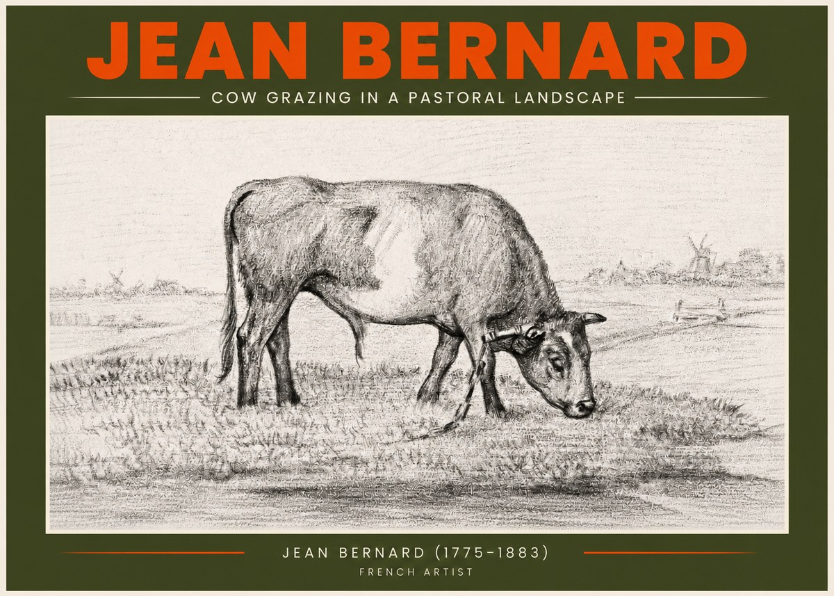 Jean Bernard Cow Grazing in a Pastoral Landscape No3 - Poszter