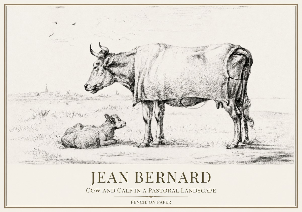 Jean Bernard Cow and Calf in a Pastoral Landscape No1 - Poszter