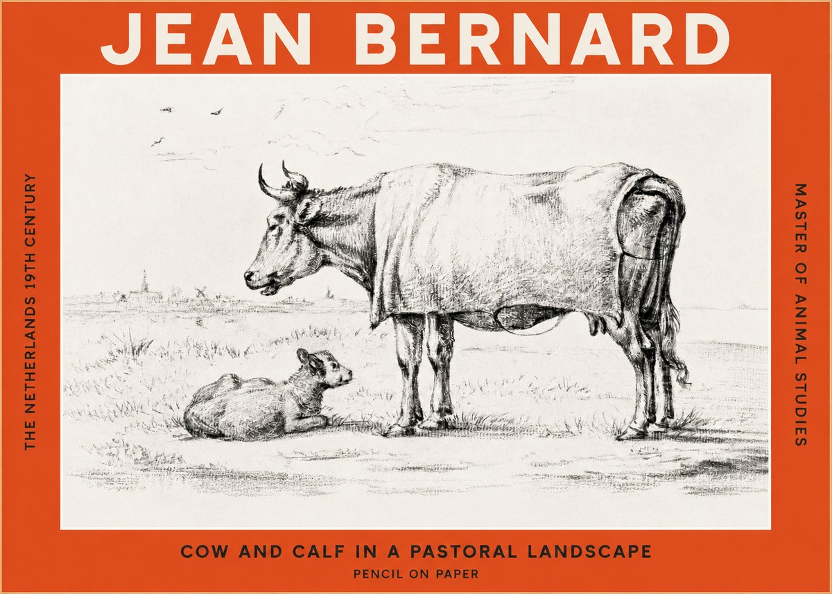 Jean Bernard Cow and Calf in a Pastoral Landscape No2 - Poszter