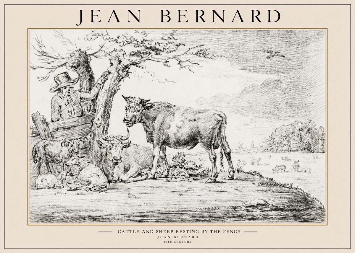 Jean Bernard Cattle and Sheep Resting by the Fence No1 - Poszter