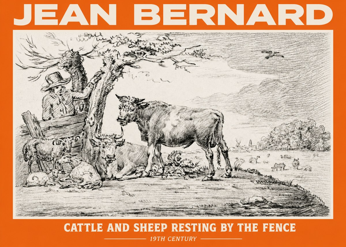 Jean Bernard Cattle and Sheep Resting by the Fence No2 - Poszter