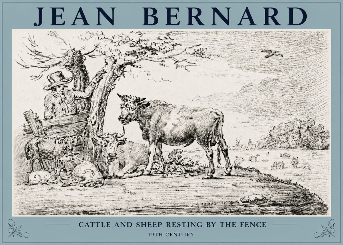 Jean Bernard Cattle and Sheep Resting by the Fence No3 - Poszter