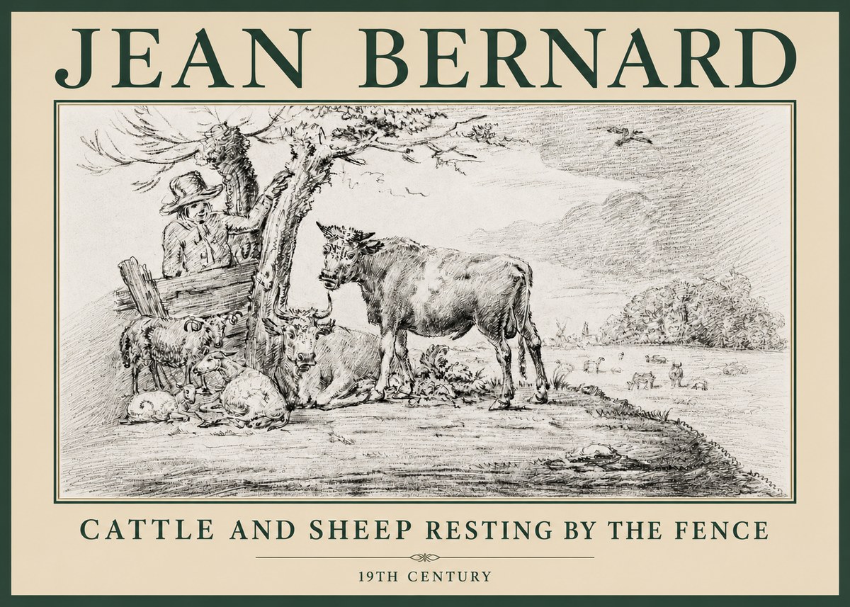 Jean Bernard Cattle and Sheep Resting by the Fence No4 - Poszter