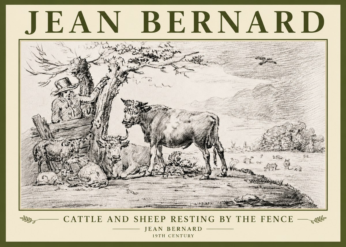 Jean Bernard Cattle and Sheep Resting by the Fence No5 - Poszter