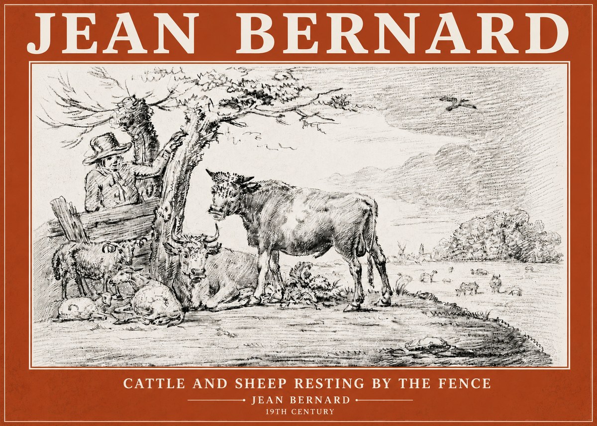 Jean Bernard Cattle and Sheep Resting by the Fence No6 - Poszter
