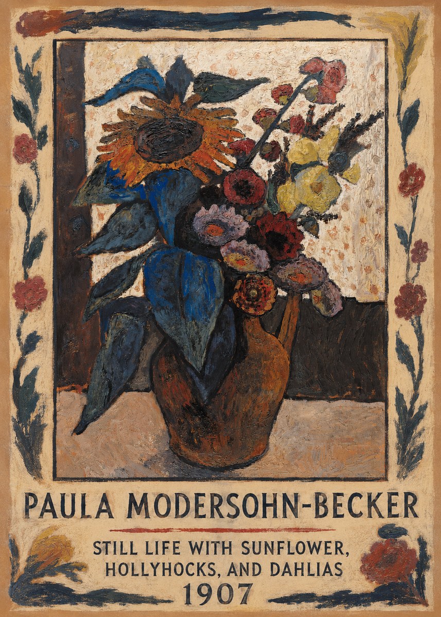 Paula Modersohn-Becker Still Life with Sunflower, Hollyhocks, and Dahlias No1 - Poszter