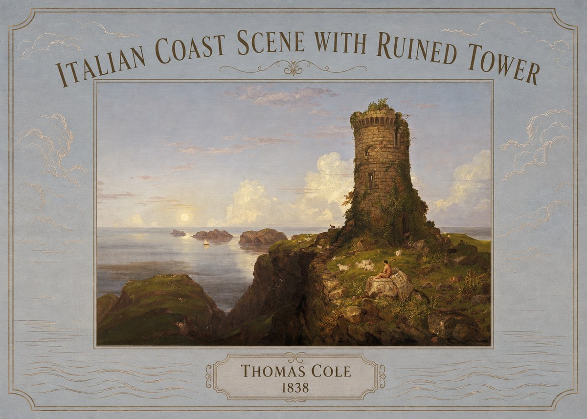 Thomas Cole Italian Coast Scene with Ruined Tower I No3 - Poszter