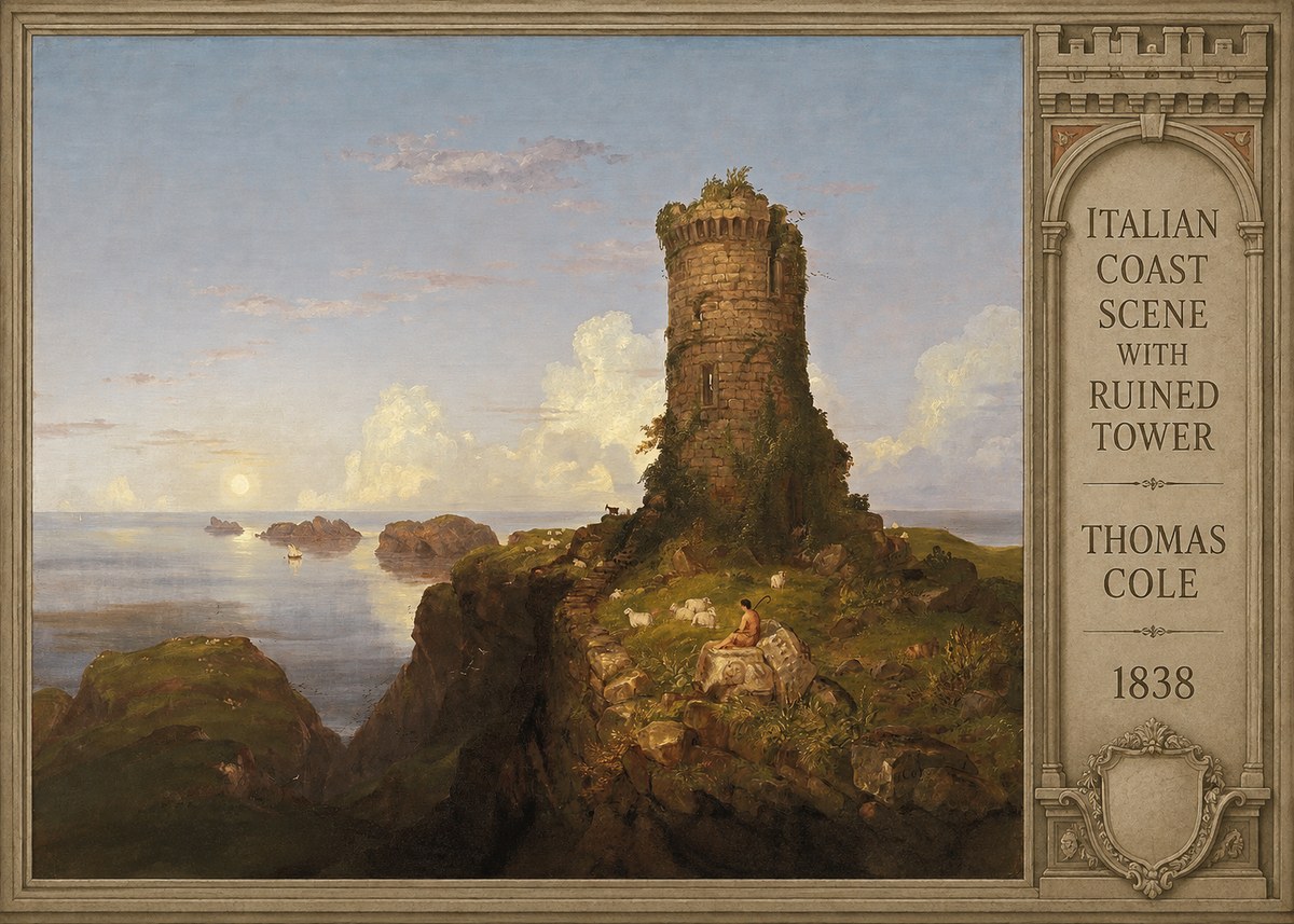 Thomas Cole Italian Coast Scene with Ruined Tower I No6 - Poszter