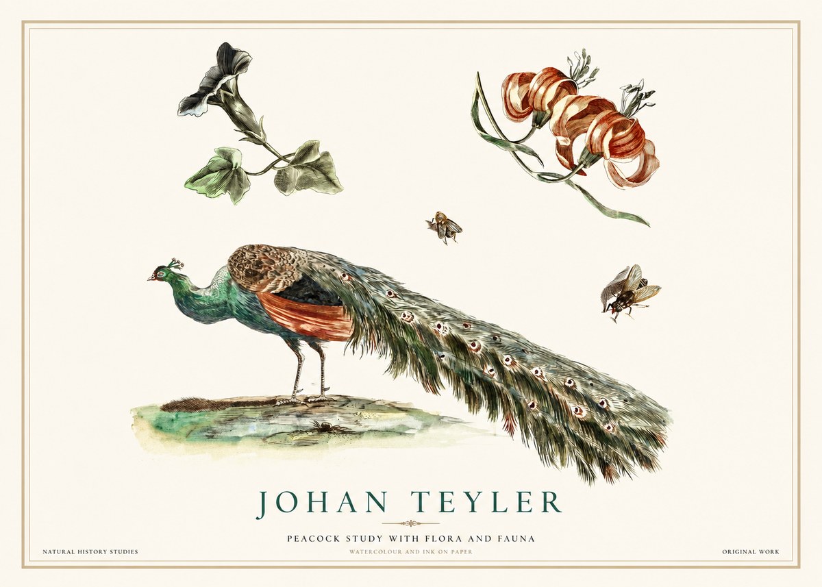 Johan Teyler Peacock Study with Flora and Fauna No1 - Poszter